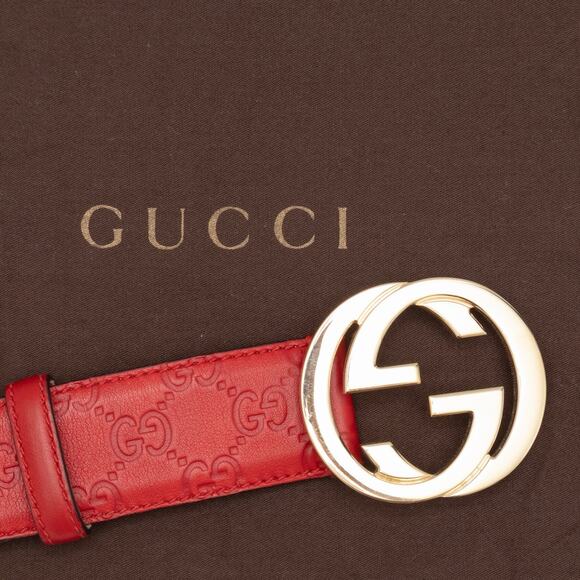 GUCCI Red Leather Signature Monogram Interlocking GG Gold Buckle Belt 100•40 main image 6